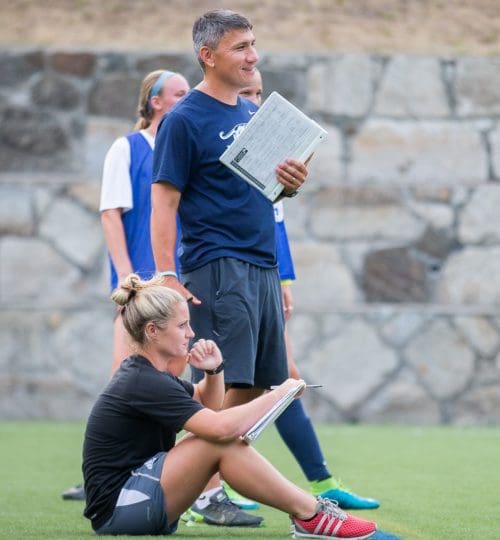 College+coaches+recruiting+at+sideline+at+college+soccer+camp+in+Newton,+MA